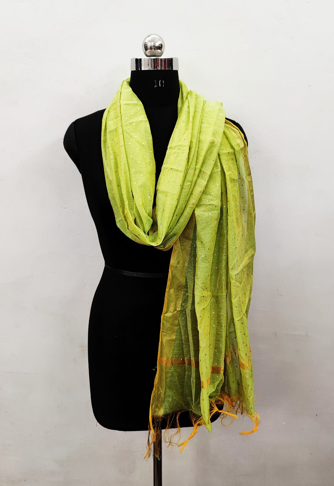 Women's Light Green Self Woven Gold Zari Polka Dots Cotton Silk Dupatta With Tassles - NIMIDHYA