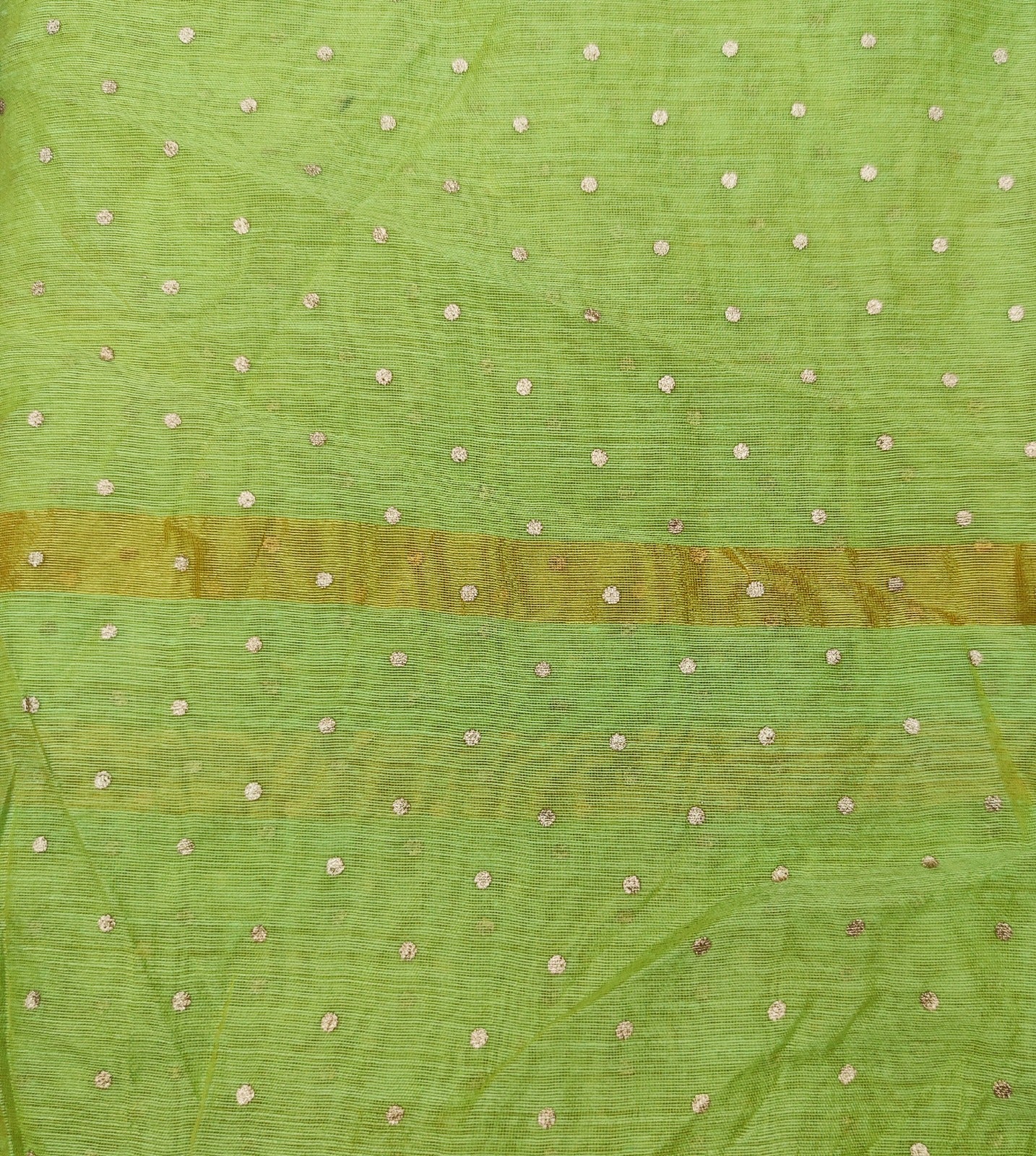 Women's Light Green Self Woven Gold Zari Polka Dots Cotton Silk Dupatta With Tassles - NIMIDHYA