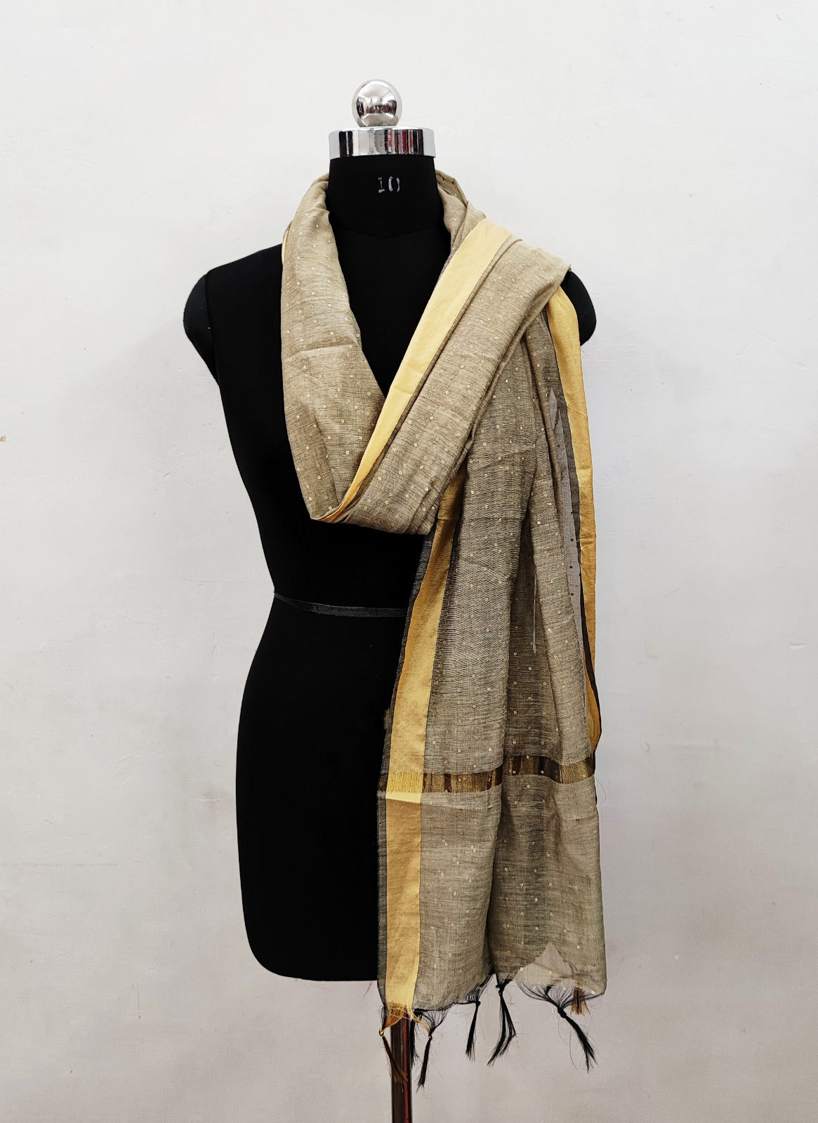 Women's Beige Self Woven Gold Zari Polka Dots Cotton Silk Dupatta With Tassles - NIMIDHYA