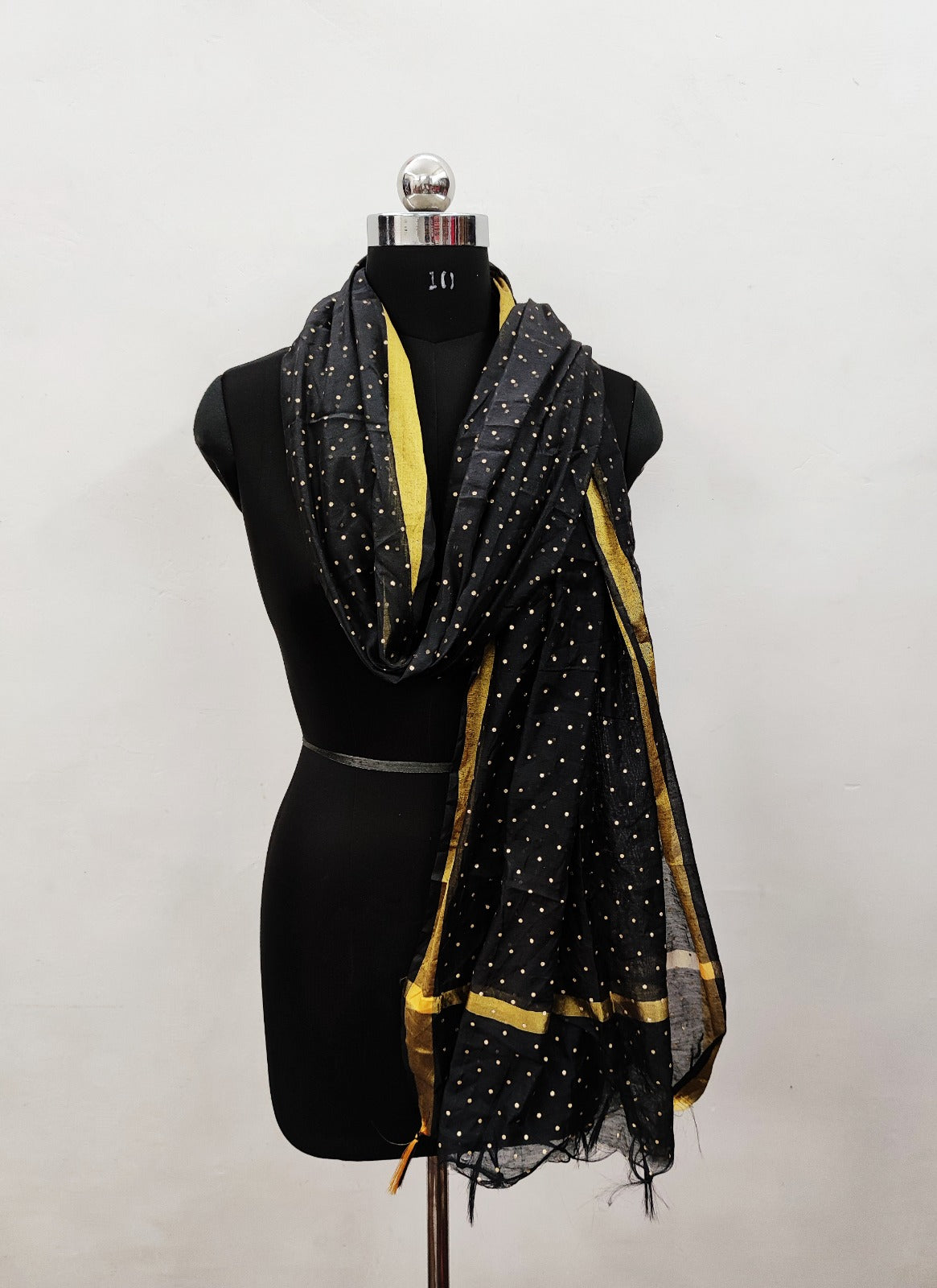 Women's Black Self Woven Gold Zari Polka Dots Cotton Silk Dupatta With Tassles - NIMIDHYA