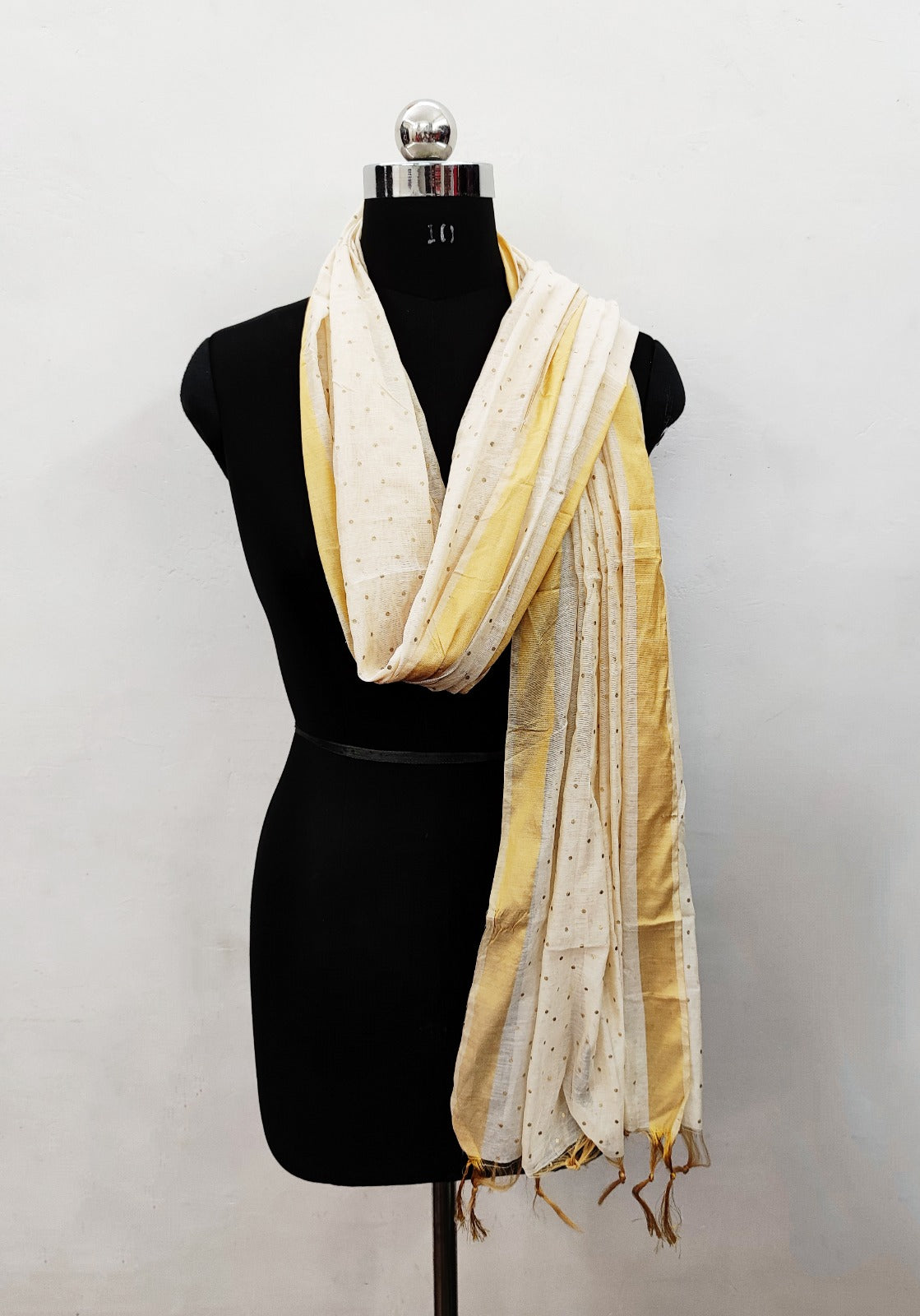 Women's Light Chiku Self Woven Gold Zari Polka Dots Cotton Silk Dupatta With Tassles - NIMIDHYA