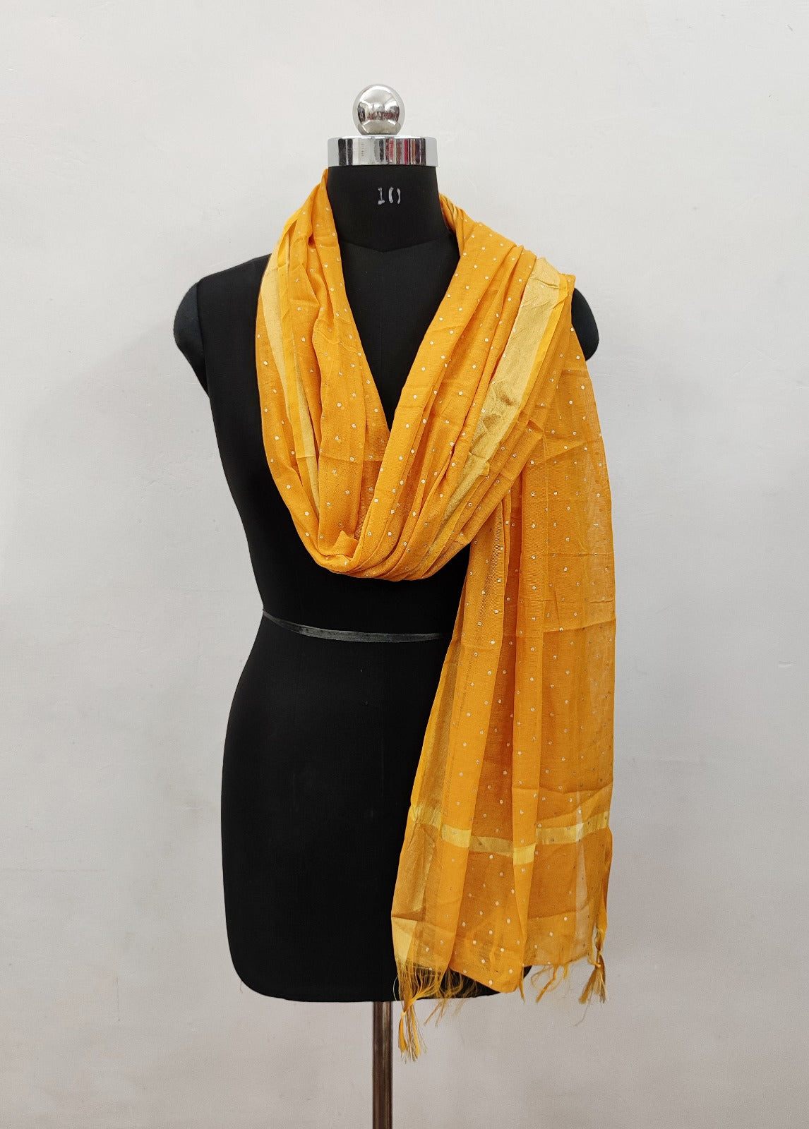 Women's Mustard Self Woven Gold Zari Polka Dots Cotton Silk Dupatta With Tassles - NIMIDHYA