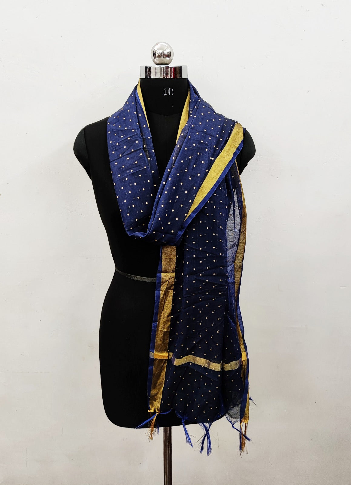 Women's Navy Blue Self Woven Gold Zari Polka Dots Cotton Silk Dupatta With Tassles - NIMIDHYA