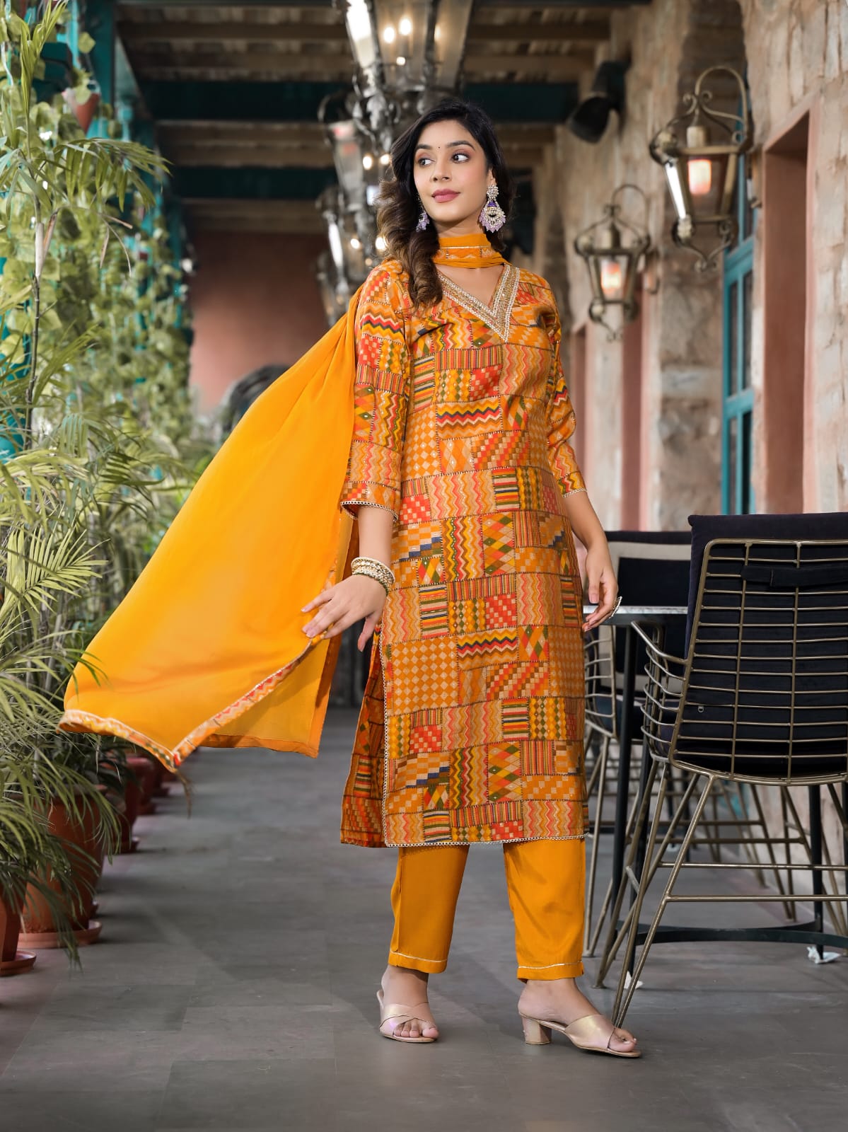 Women's V Neck Embroidered Work, Chanderi Fabric Kurta & Pant With Dupatta Set