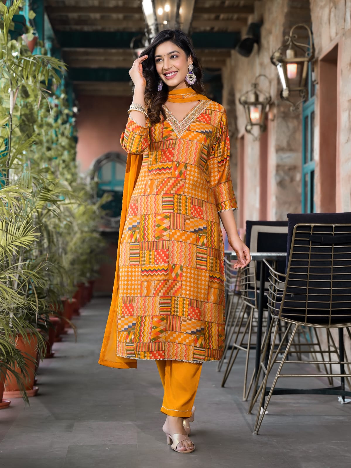 Women's V Neck Embroidered Work, Chanderi Fabric Kurta & Pant With Dupatta Set