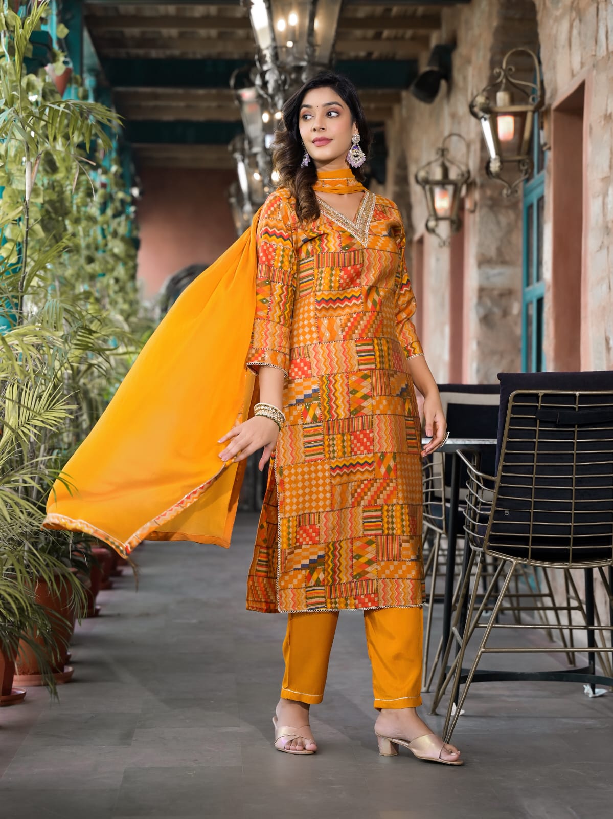 Women's V Neck Embroidered Work, Chanderi Fabric Kurta & Pant With Dupatta Set - Taantav