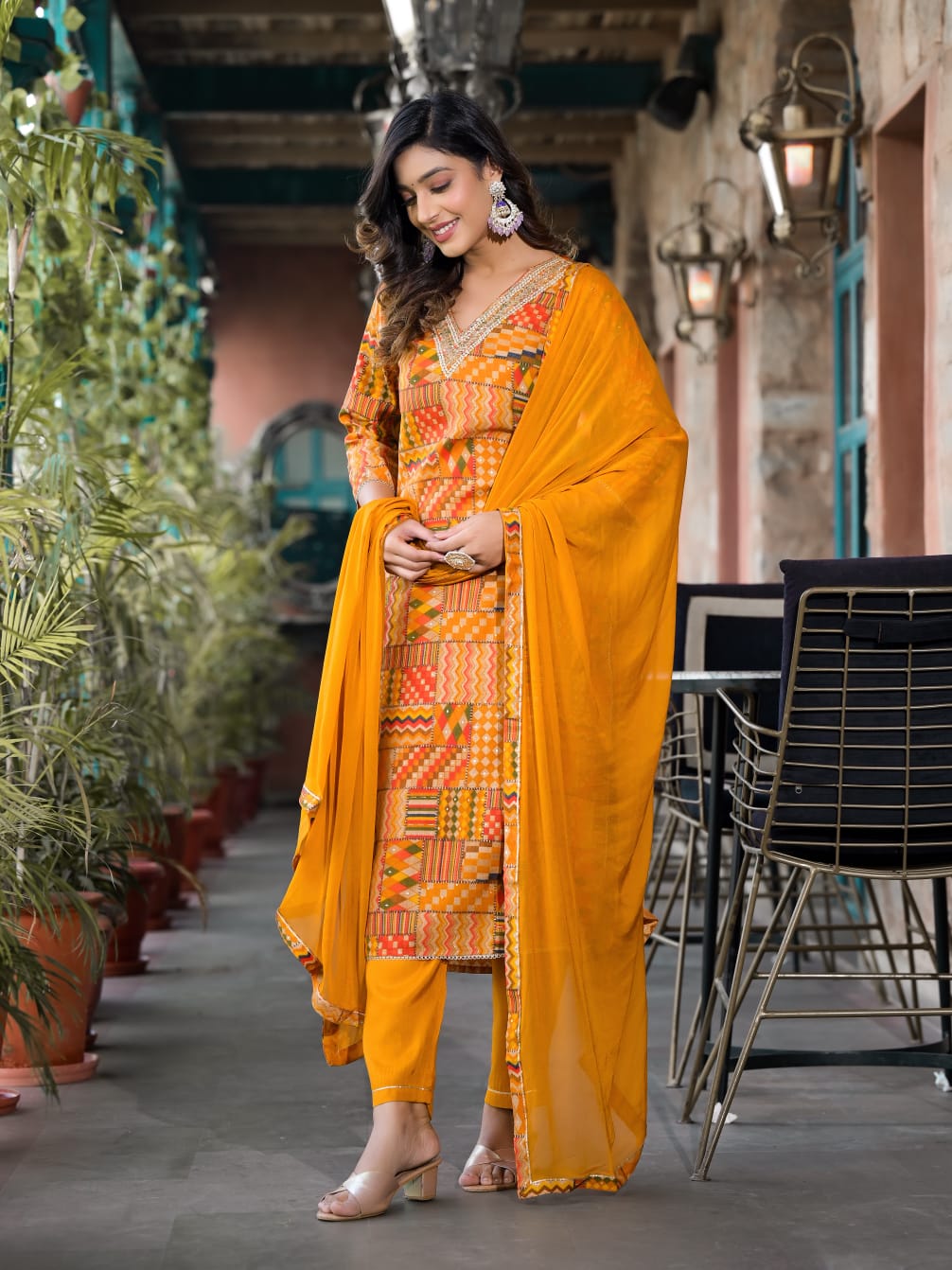 Women's V Neck Embroidered Work, Chanderi Fabric Kurta & Pant With Dupatta Set - Taantav