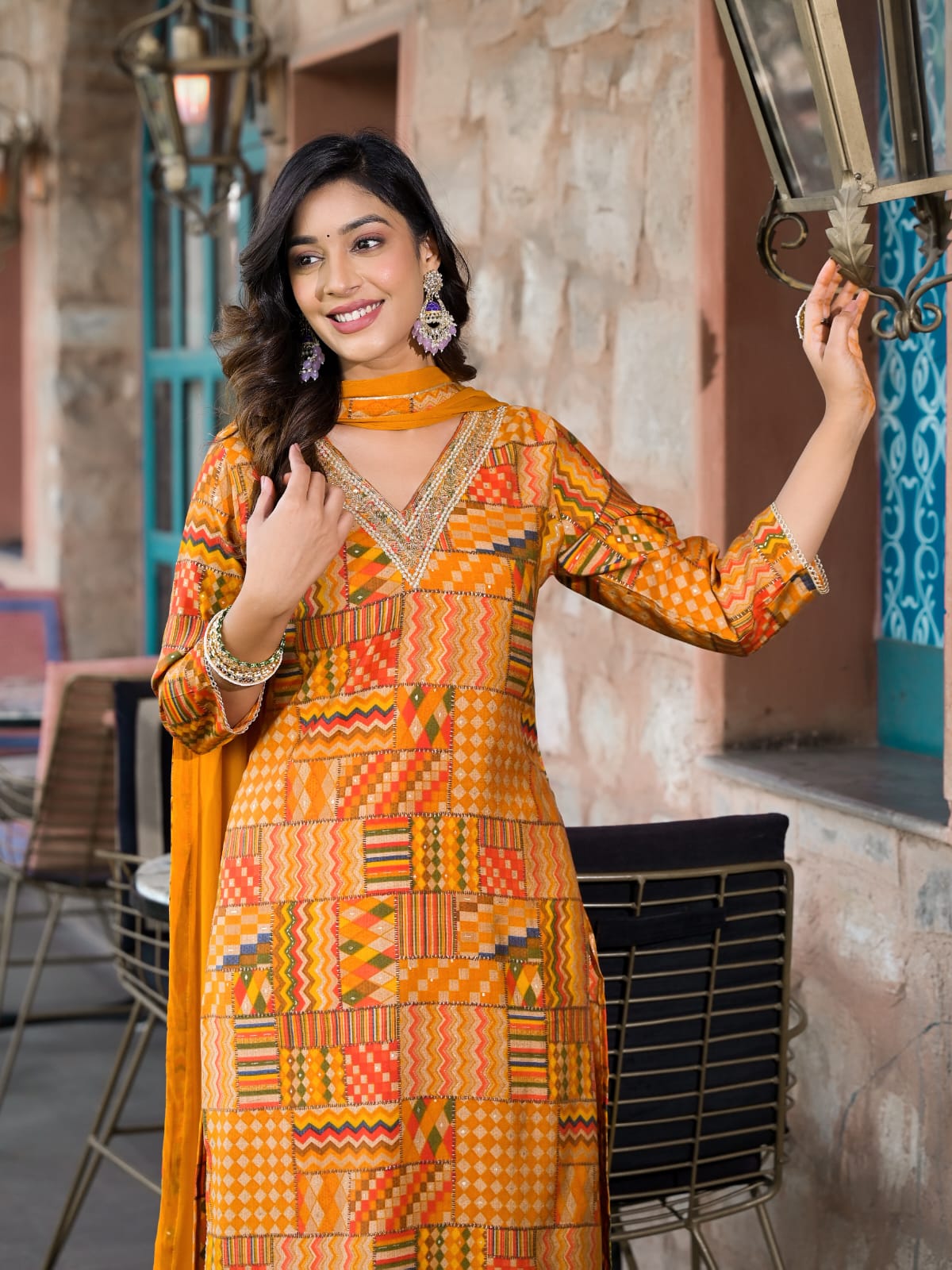 Women's V Neck Embroidered Work, Chanderi Fabric Kurta & Pant With Dupatta Set