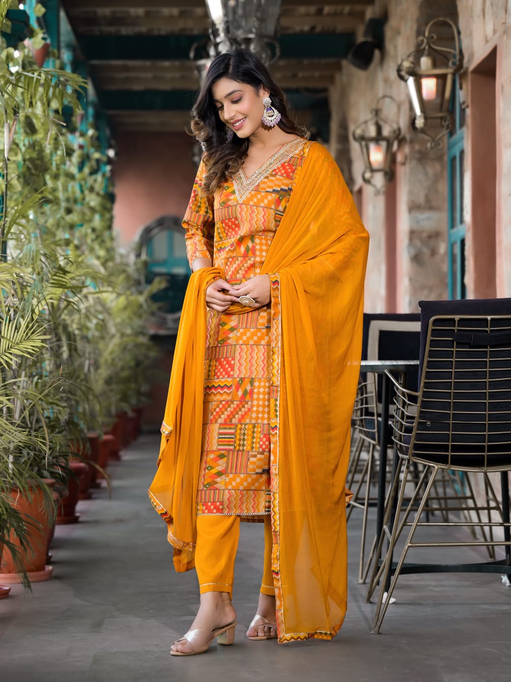 Women's V Neck Embroidered Work, Chanderi Fabric Kurta & Pant With Dupatta Set
