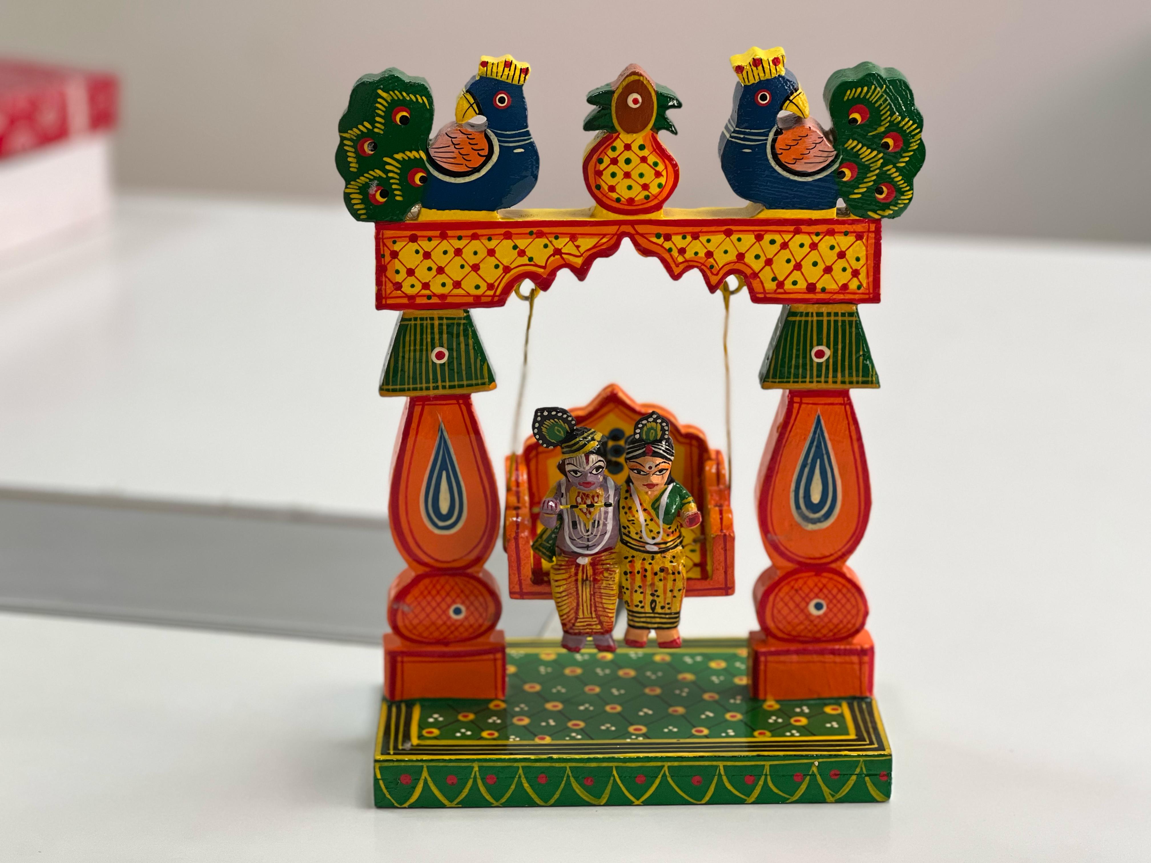 Wooden Radha Krishna Swing Temple Decor - Kondapalli Toys