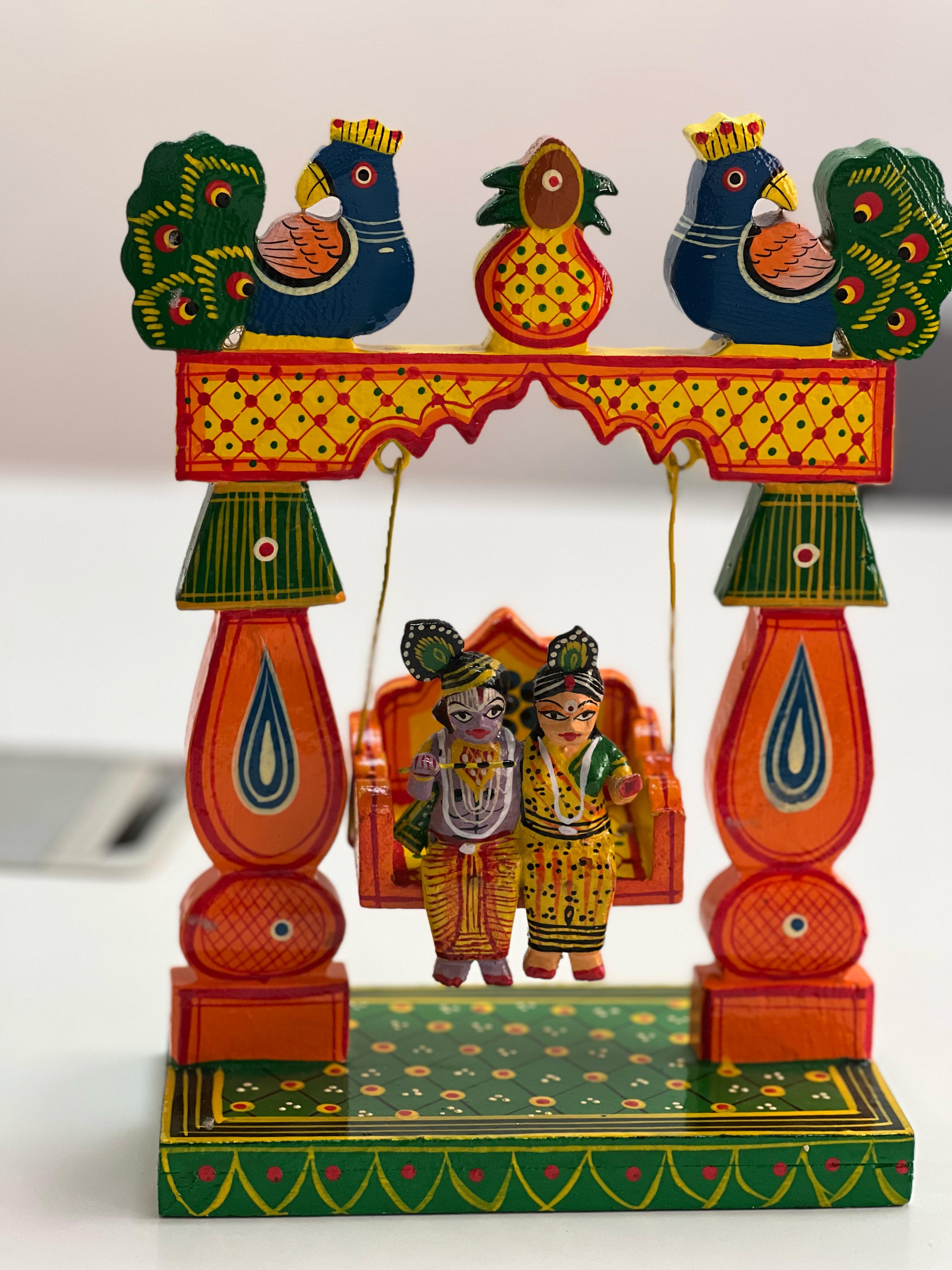 Wooden Radha Krishna Swing Temple Decor - Kondapalli Toys