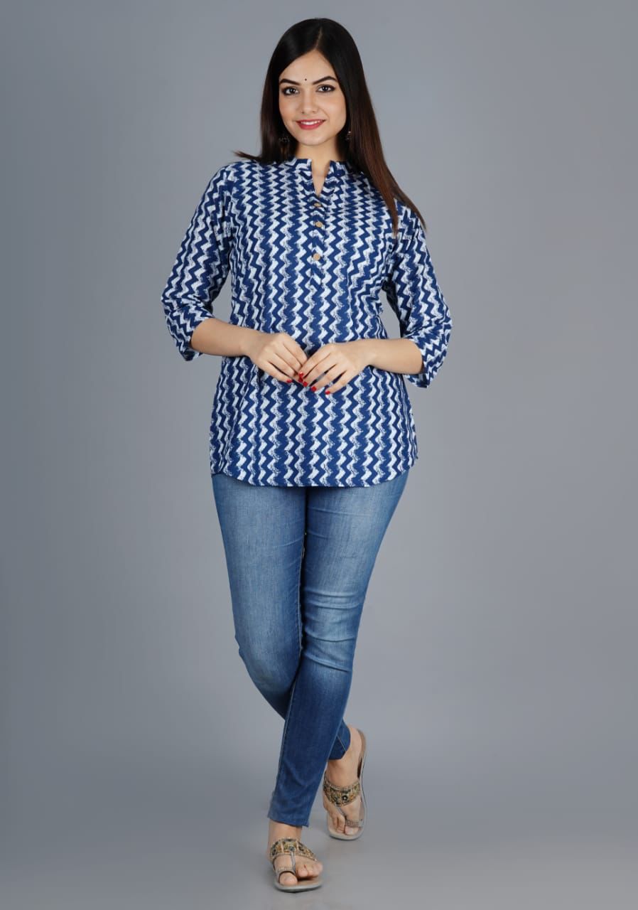 Women's Navy Blue Cotton Printed Tunic - Taantav