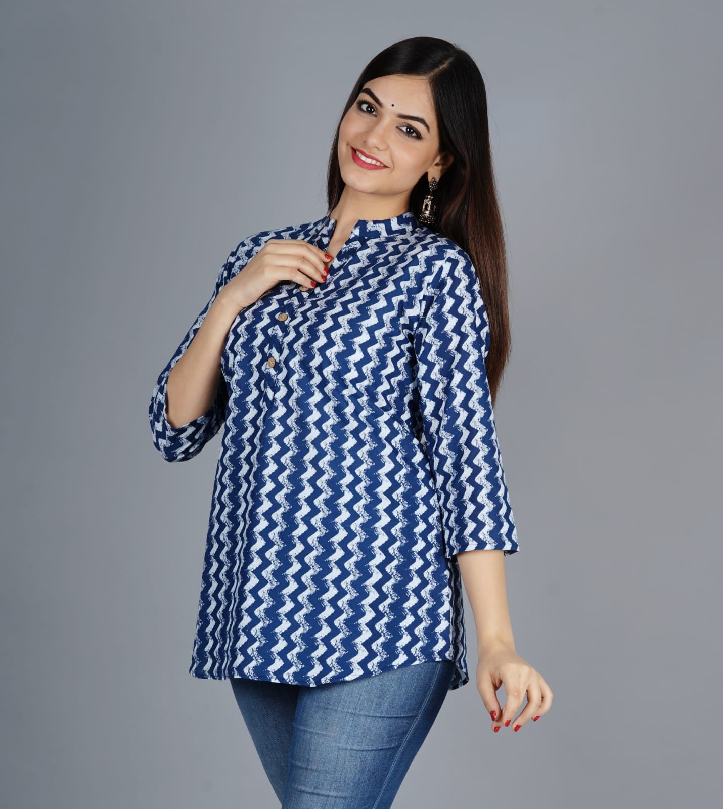 Women's Navy Blue Cotton Printed Tunic - Taantav