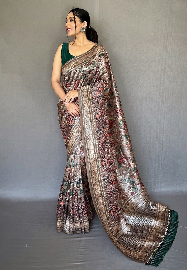 Women's Ash Grey Diva Soft Silk Kalamkari Printed Saree