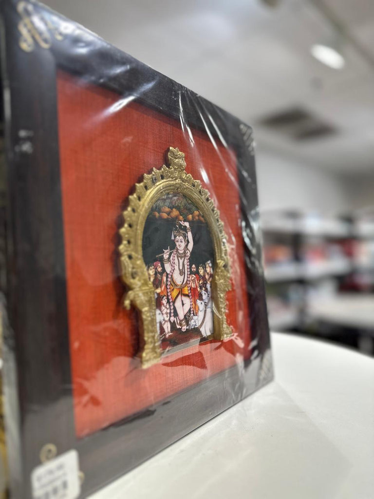 Krishna silk frame with tanjore digital art & brass prabhavali