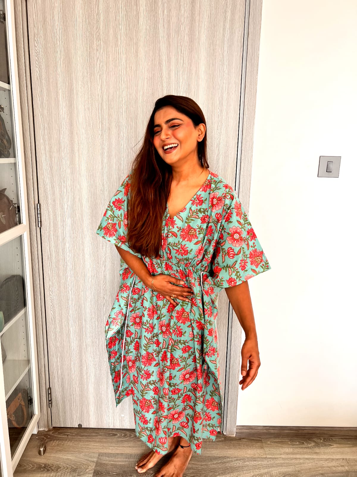 Women's Blue Floral Cotton Kaftan Dress - Nangalia Ruchira
