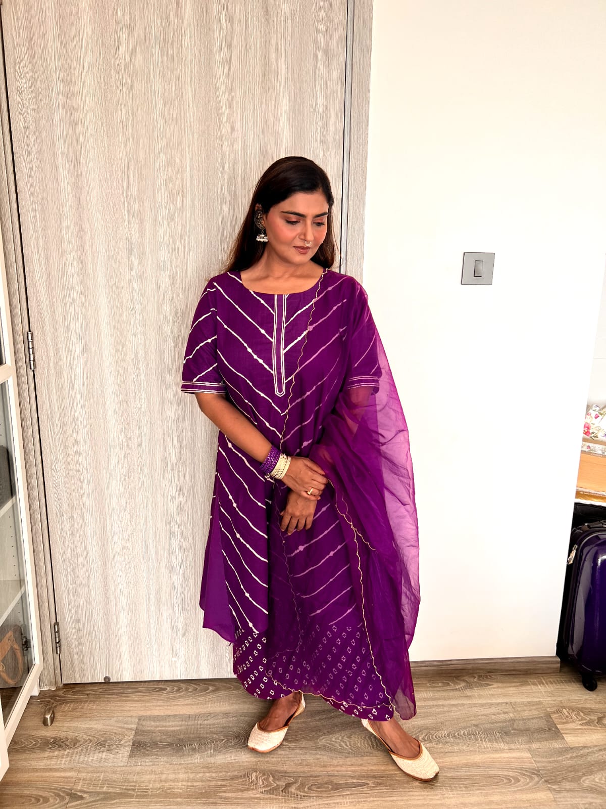 Women's Jamuni Purple Leheriya Bhandhani Kurta Set - (Set Of 2) - Nangalia Ruchira