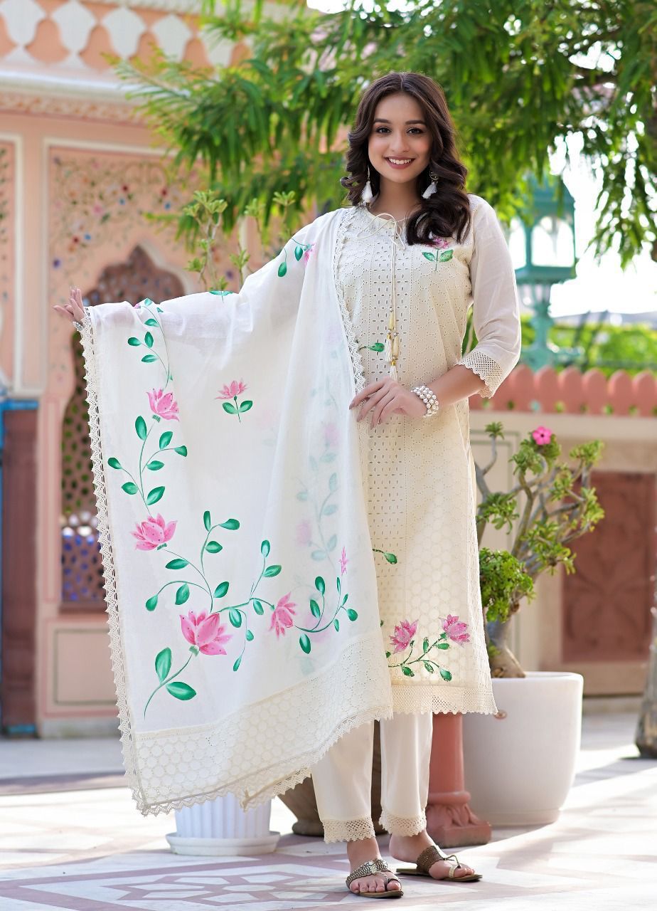 Women's Off White Hand-Painted cotton Kurta Set - Main Image