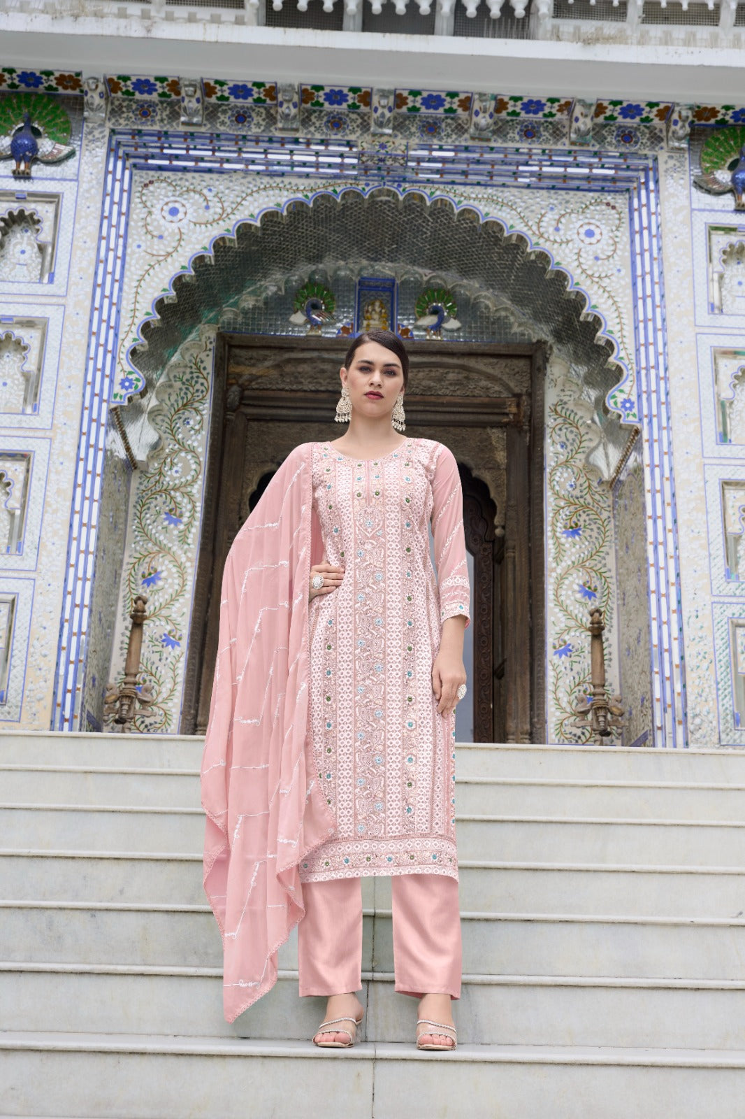 Women's Pink Faux Georgette Heavy Embroidery and Moti Work Kurta Set - Jyoti Fashion