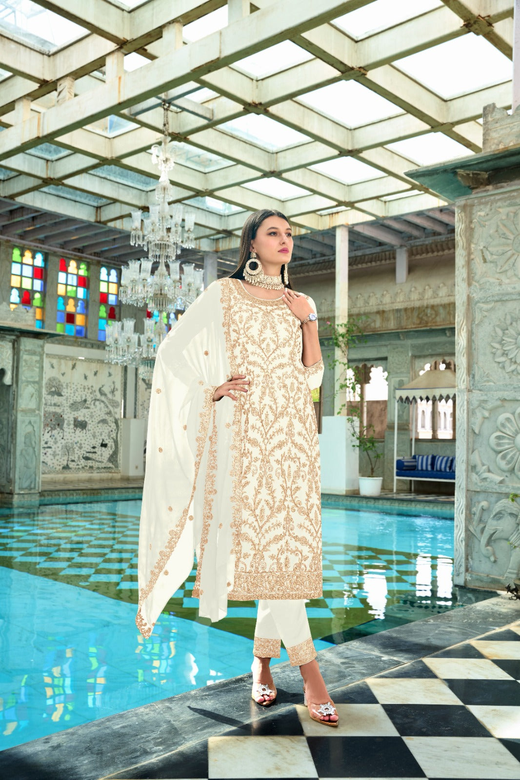 Women's White Faux Georgette Heavy Embroidery and Moti Work Kurta Set - Jyoti Fashion