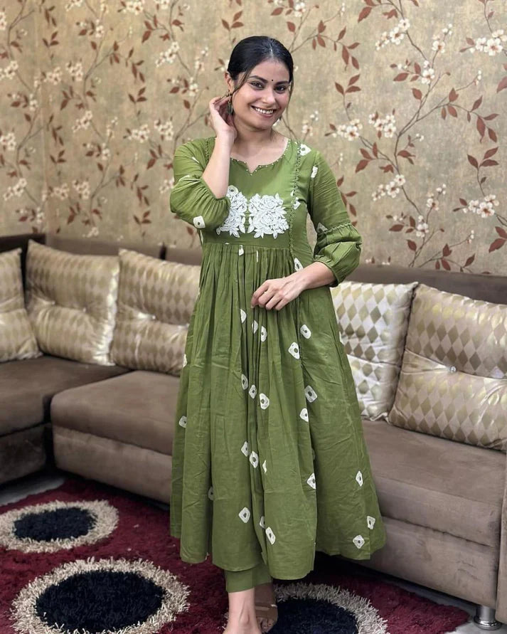 Women's Multi Color Embroidered Cotton Anarkali Kurta And Pant Set