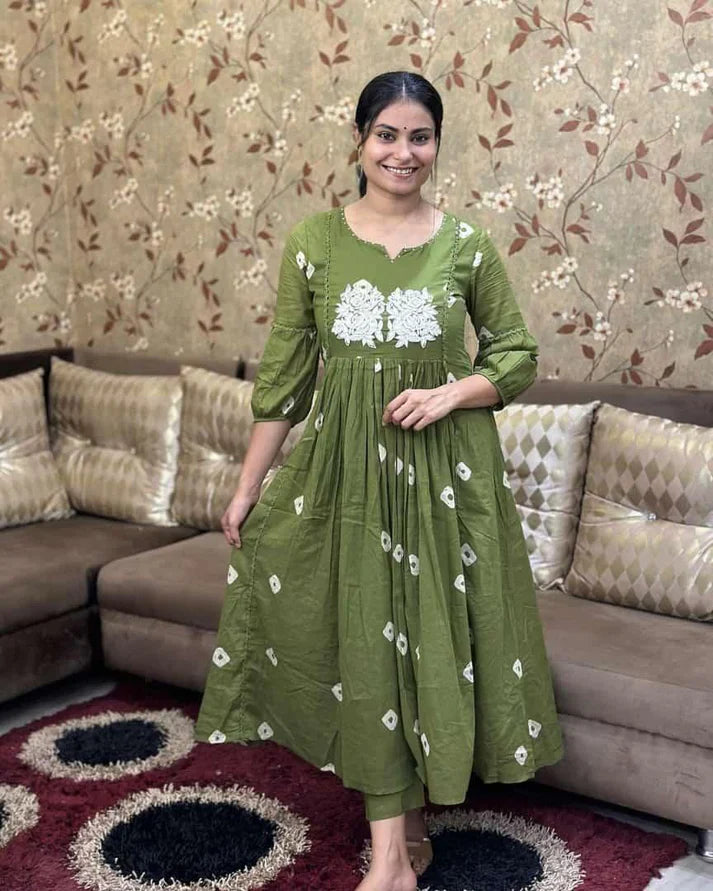 Women's Multi Color Embroidered Cotton Anarkali Kurta And Pant Set