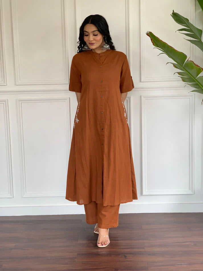 Women's Multi Color Embroidered Cotton Kurta And Palazzo Set