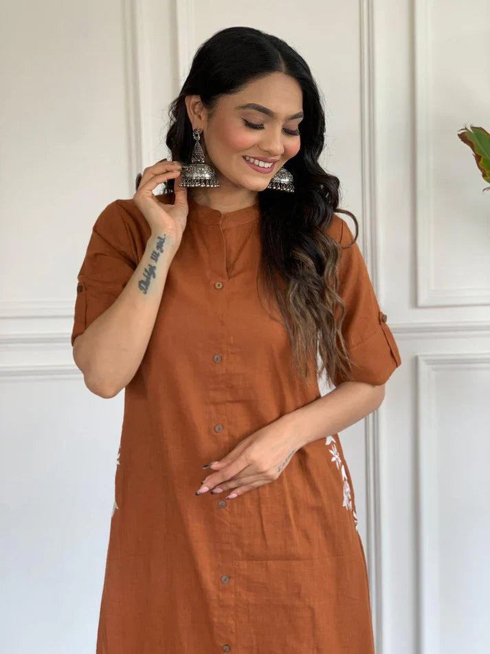 Women's Multi Color Embroidered Cotton Kurta And Palazzo Set