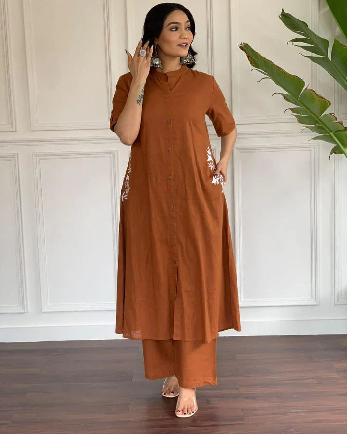 Women's Multi Color Embroidered Cotton Kurta And Palazzo Set