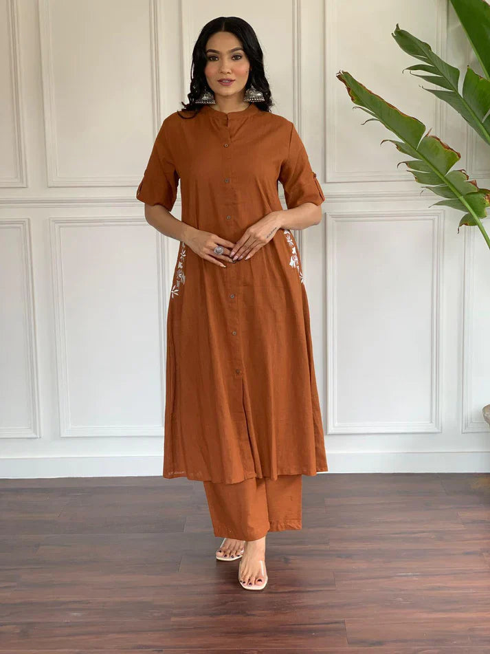 Women's Multi Color Embroidered Cotton Kurta And Palazzo Set