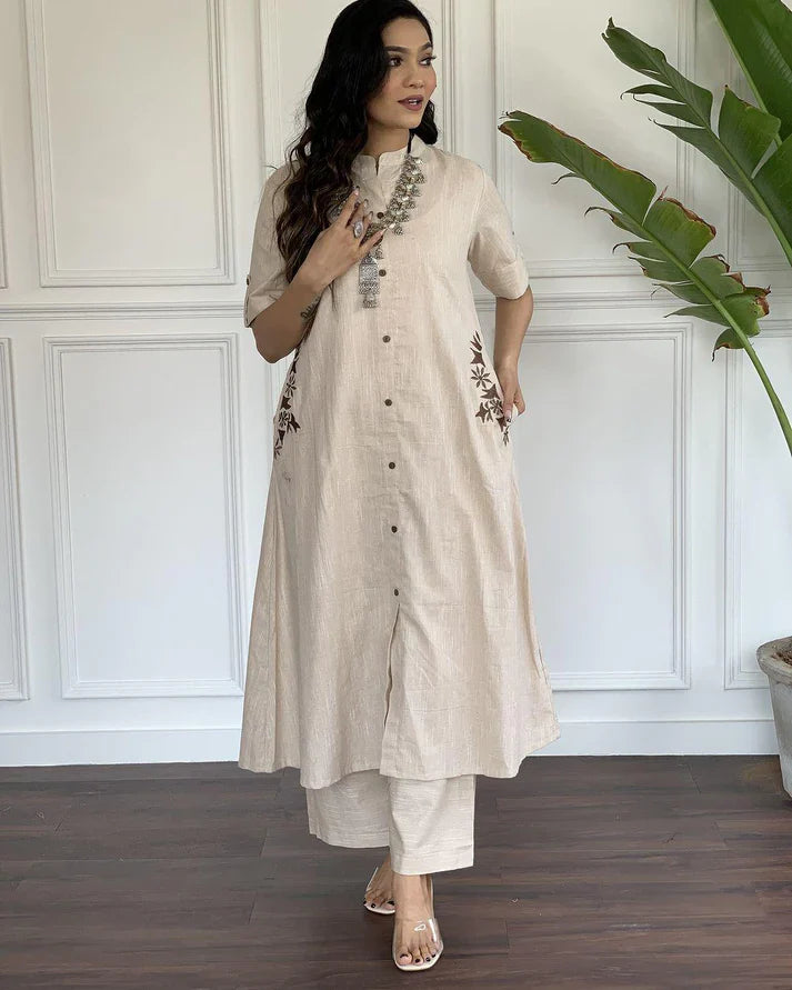 Women's Multi Color Embroidered Cotton Kurta And Palazzo Set