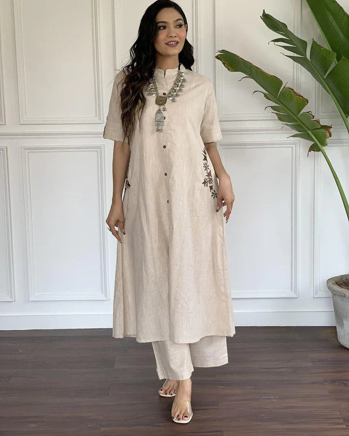 Women's Multi Color Embroidered Cotton Kurta And Palazzo Set