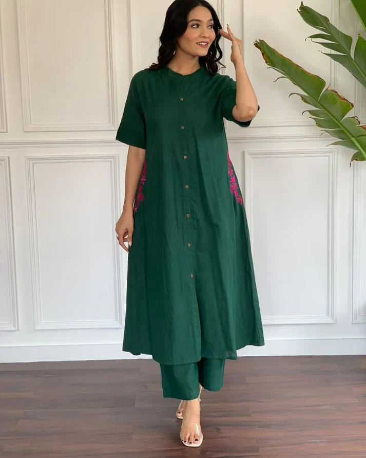 Women's Multi Color Embroidered Cotton Kurta And Palazzo Set