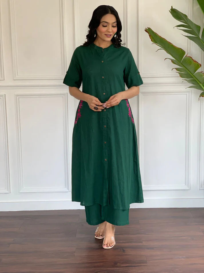 Women's Multi Color Embroidered Cotton Kurta And Palazzo Set