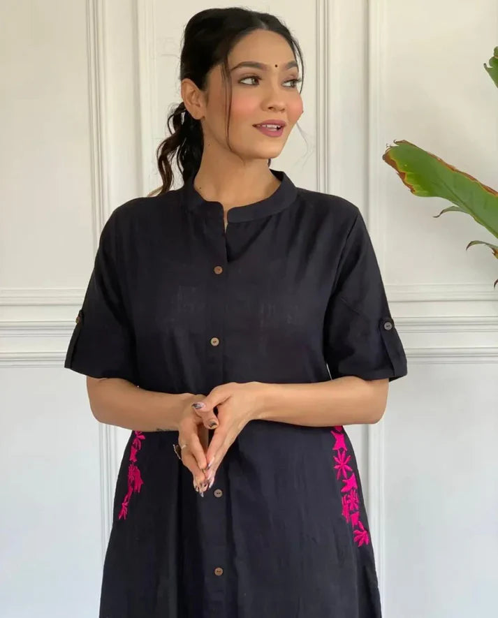 Women's Multi Color Embroidered Cotton Kurta And Palazzo Set