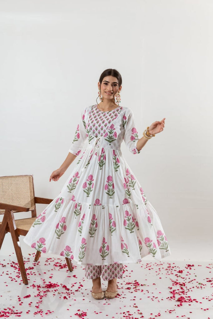 Women's Elegant White Floral Anarkali Kurta Set with Dupatta
