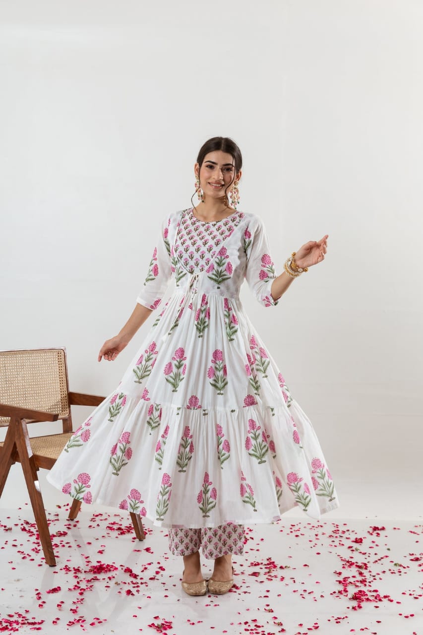 Elegant White Floral Anarkali Kurta Set with Dupatta