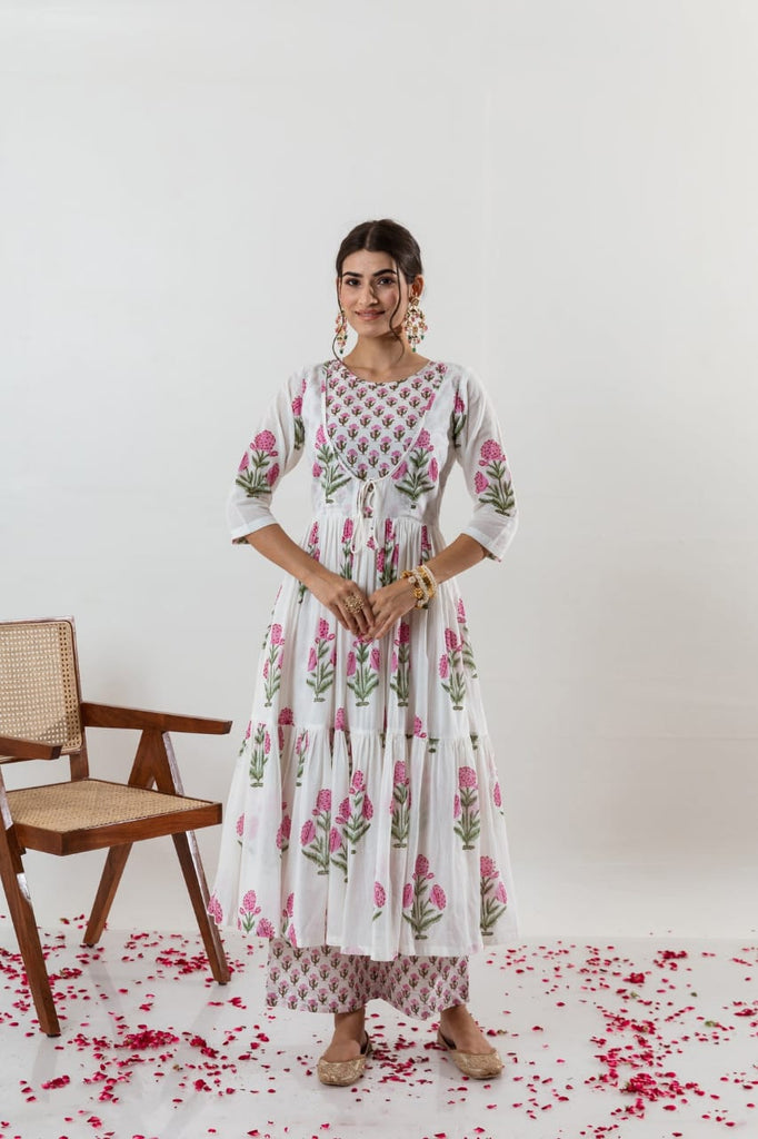 Women's Elegant White Floral Anarkali Kurta Set with Dupatta
