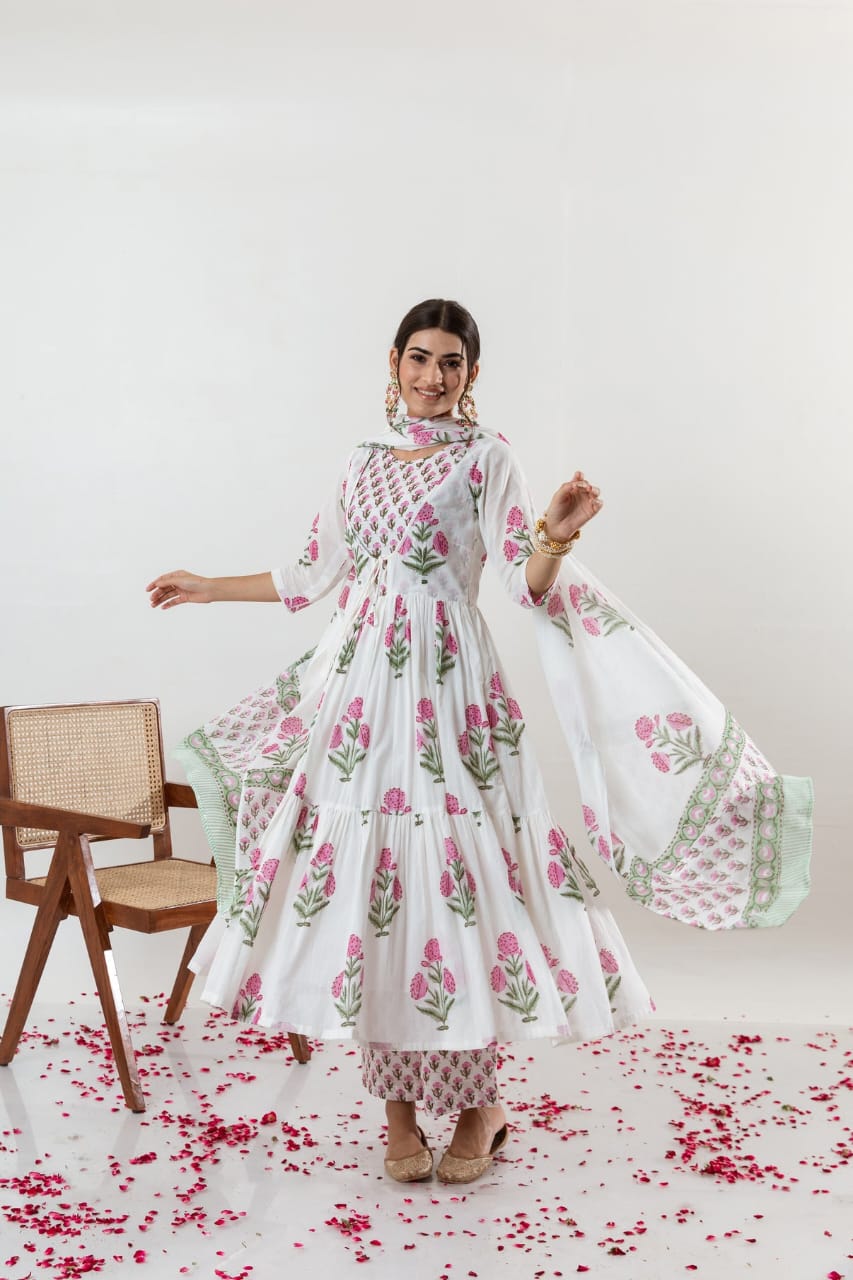 Elegant White Floral Anarkali Kurta Set with Dupatta