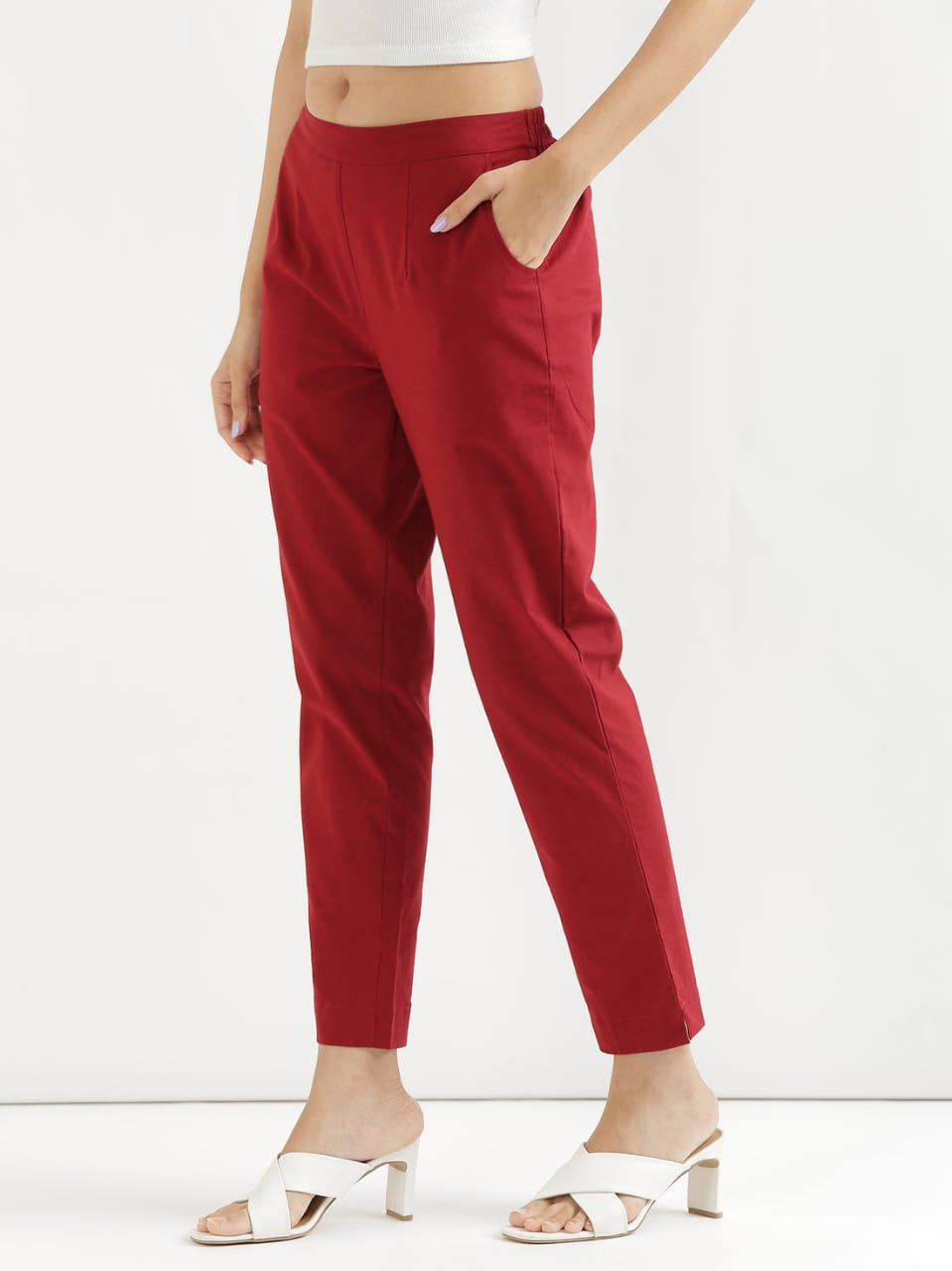 Women's Red Linen Cotton Trouser - Saras The Label