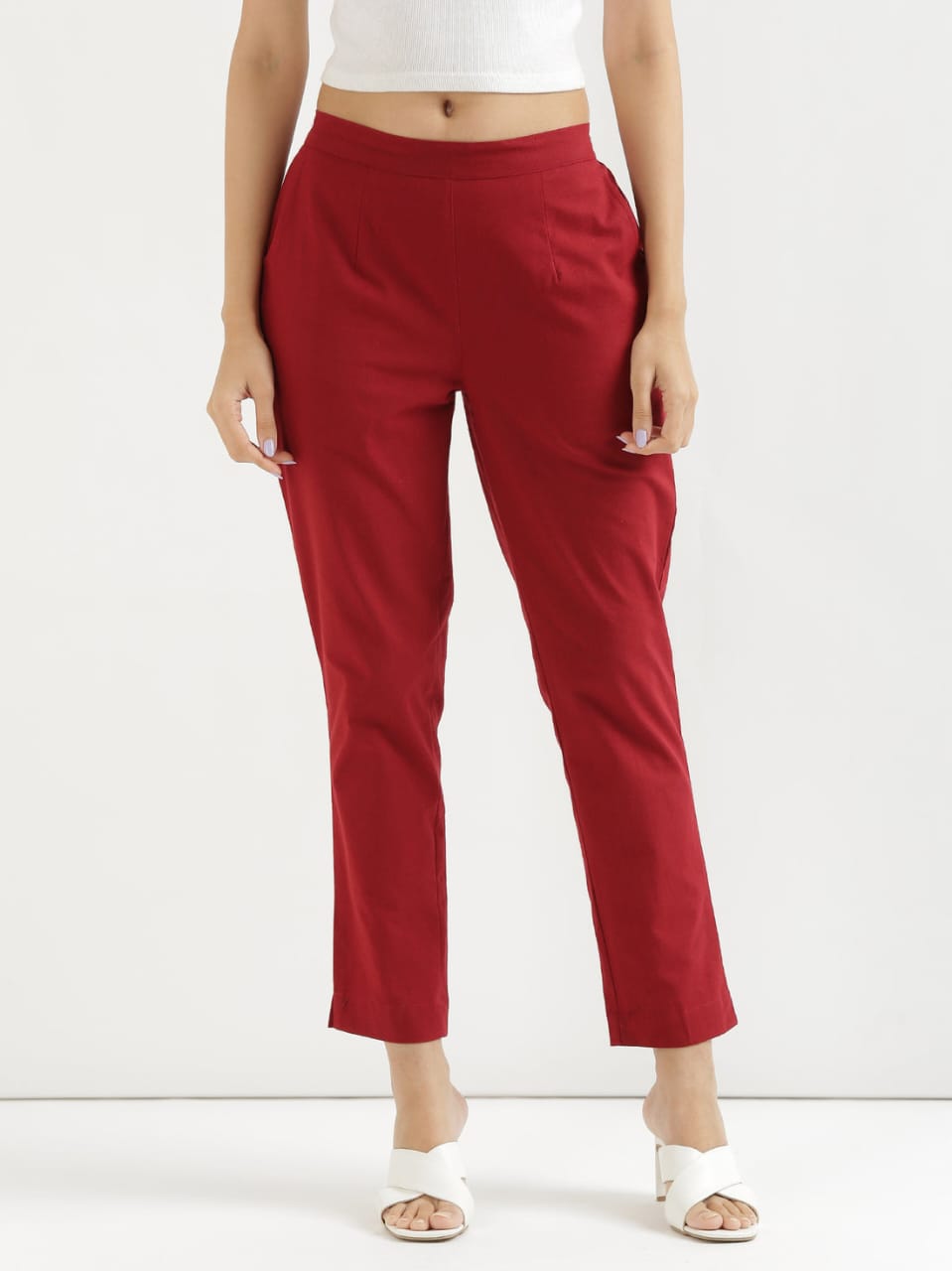 Women's Red Linen Cotton Trouser - Saras The Label