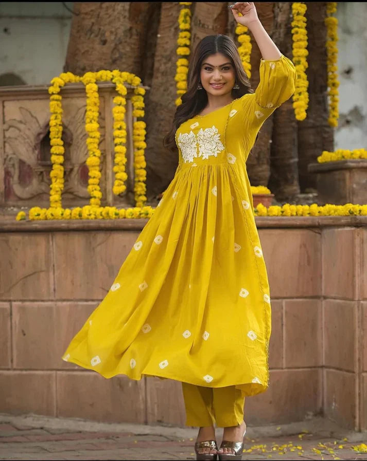 Women's Multi Color Embroidered Cotton Anarkali Kurta And Pant Set