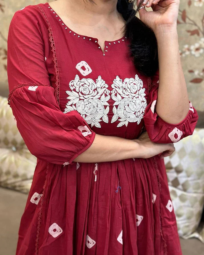Women's Multi Color Embroidered Cotton Anarkali Kurta And Pant Set