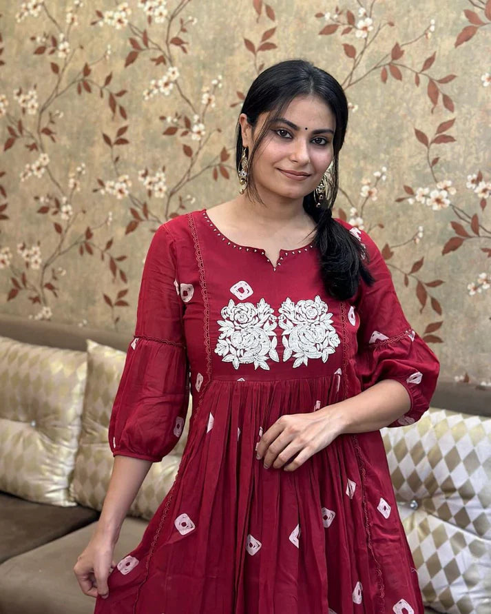 Women's Multi Color Embroidered Cotton Anarkali Kurta And Pant Set