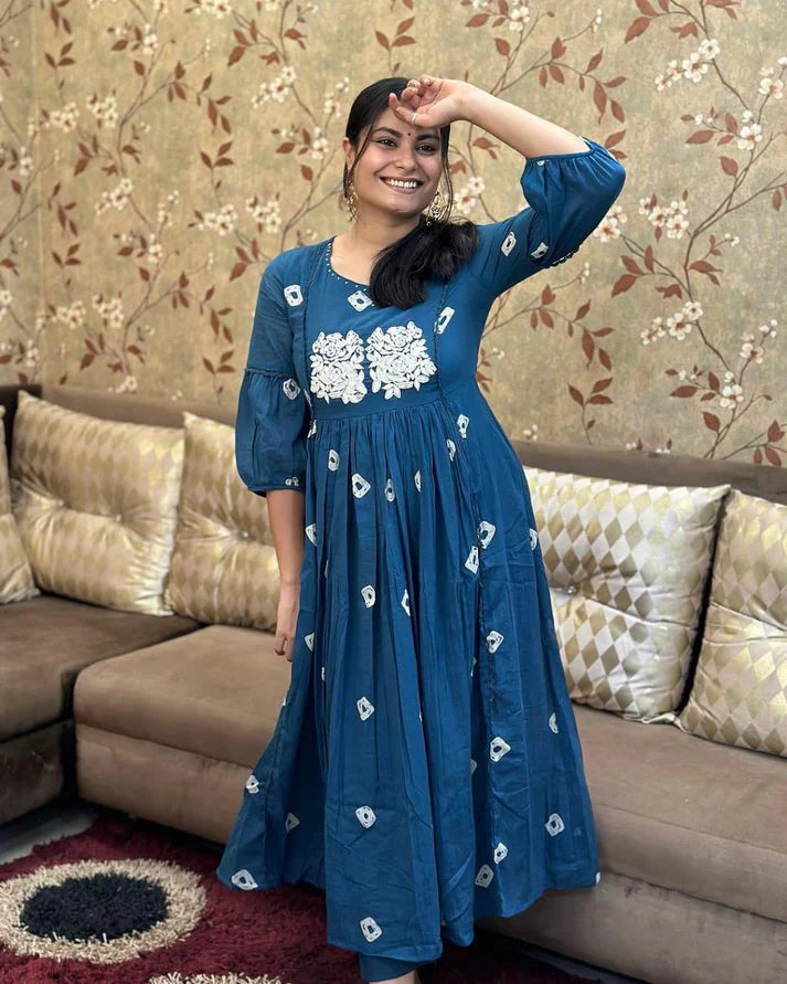 Women's Multi Color Embroidered Cotton Anarkali Kurta And Pant Set