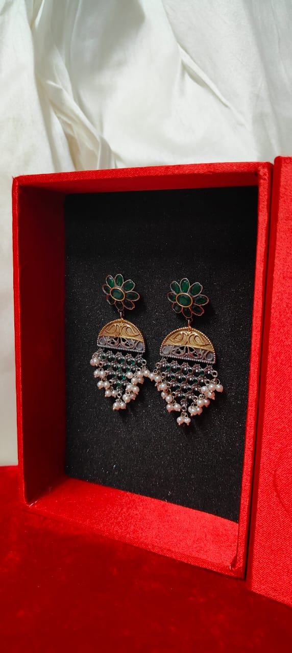 Green dual tone earrings with pearl drop for women - Trendia Jewellery