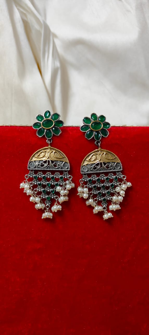 Green dual tone earrings with pearl drop for women - Trendia Jewellery