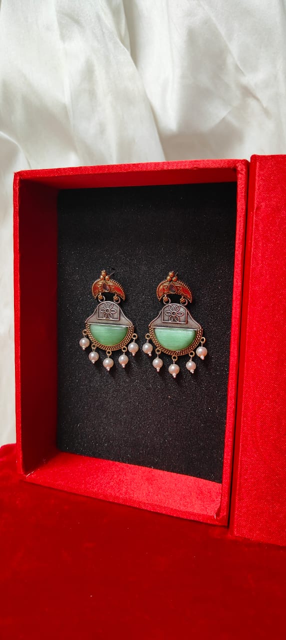 Dual tone green stone studded earrings for women - Trendia Jewellery