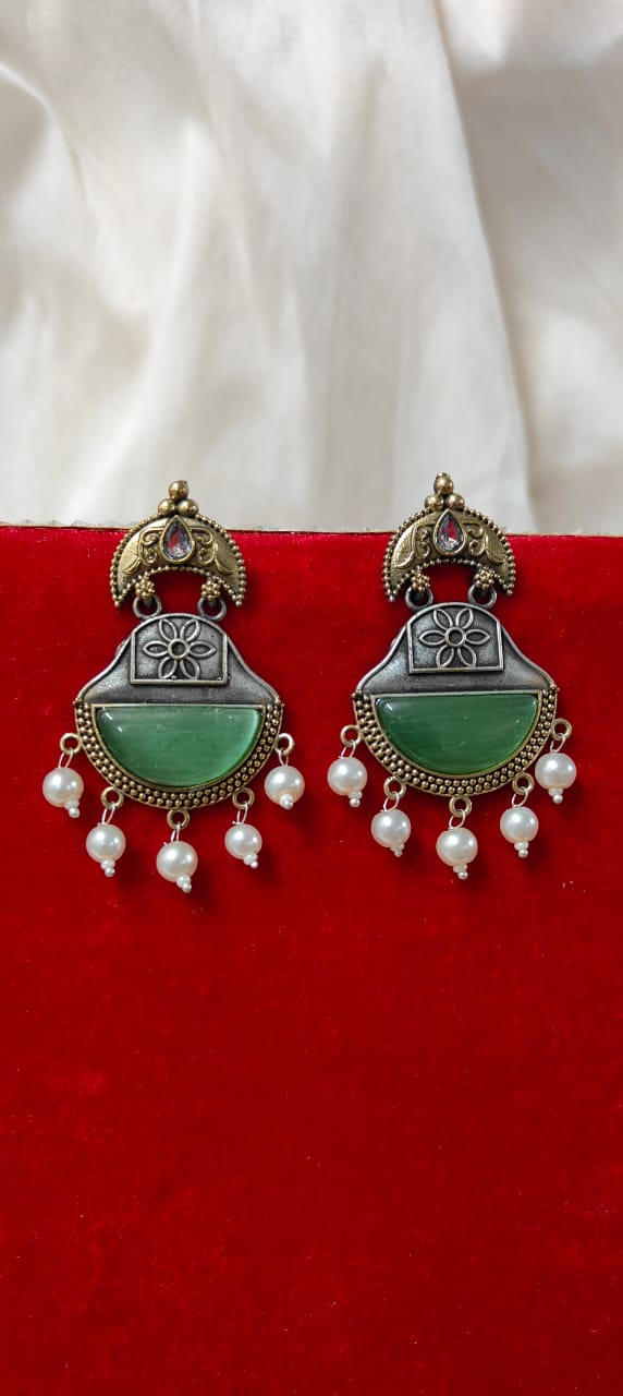 Dual tone green stone studded earrings for women - Trendia Jewellery