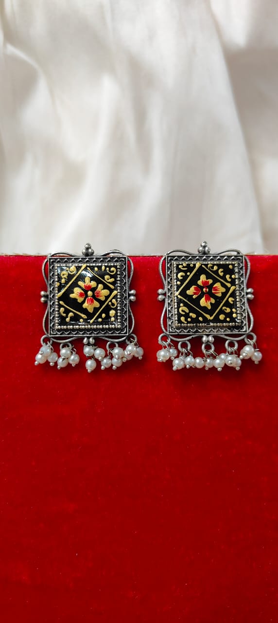 Black & yellow hand painted earrings with pearls for women - Trendia Jewellery